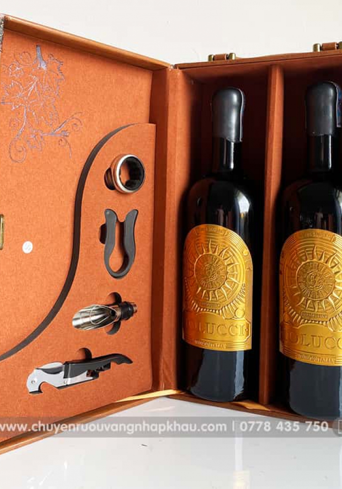 Set quà tặng hộp da 2 chai rượu vang Ý Tolucci 17 kèm bộ phụ kiện