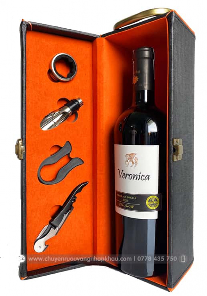 Bộ quà tặng tết hộp da 1 chai rượu vang Ý Veronica Rosso