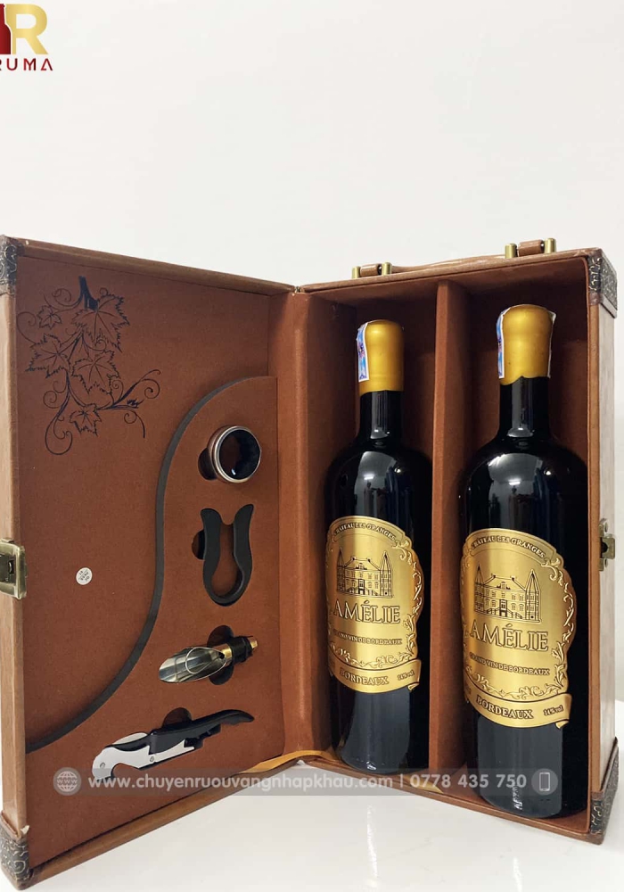 Set quà tặng hộp da 2 chai rượu vang Pháp Amelie kèm bộ phụ kiện