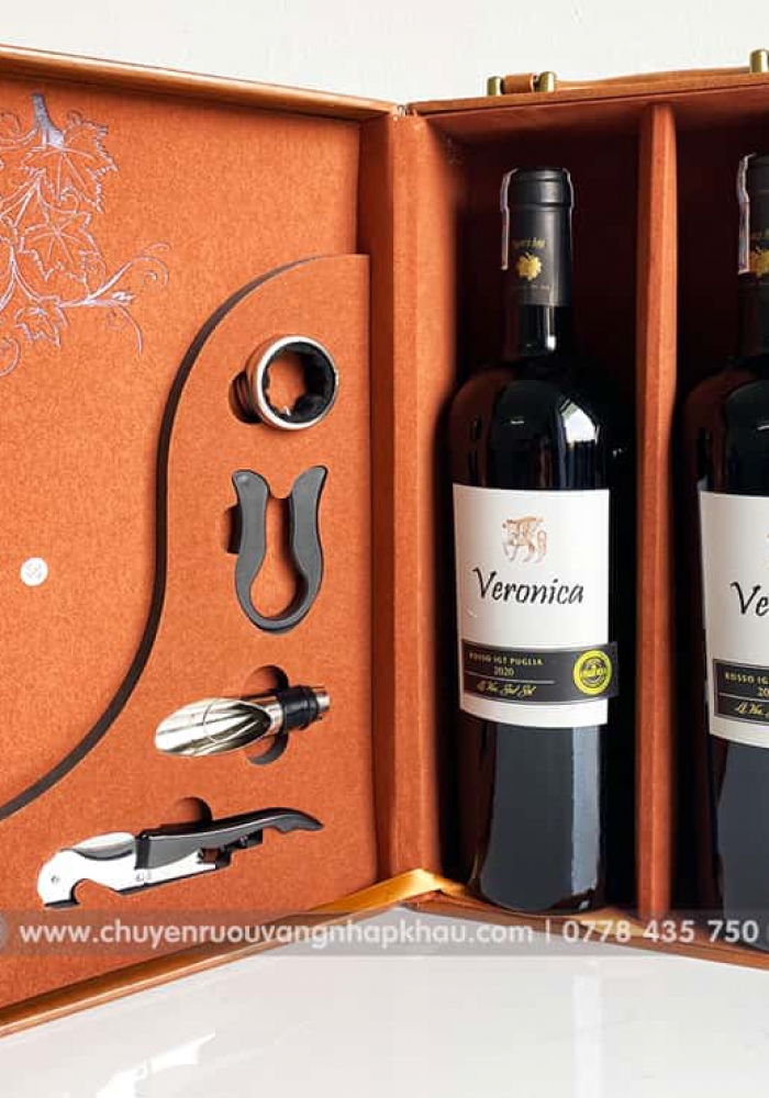 Set quà tặng hộp da 2 chai rượu vang Ý Veronica Rosso kèm bộ phụ kiện