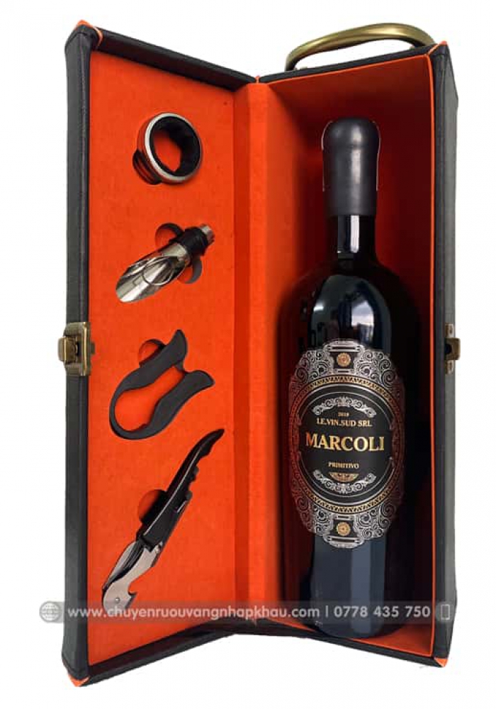Bộ quà tặng tết hộp da 1 chai vang Ý Marcoli