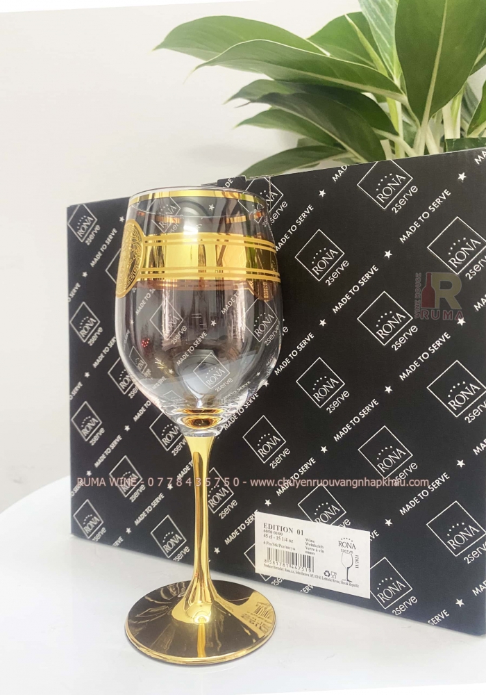 Bộ 6 ly uống rượu vang Rona mạ vàng 24k hoạ tiết Versace 450ml