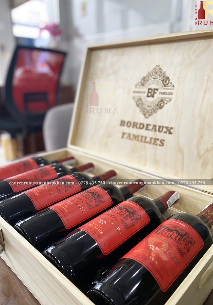 Quà tặng hộp gỗ 6 chai rượu vang Pháp Chales Gary nhãn đỏ