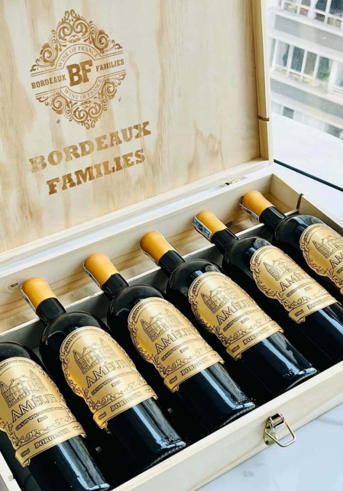 Quà tặng cao cấp hộp gỗ 6 chai rượu vang Pháp Amelie