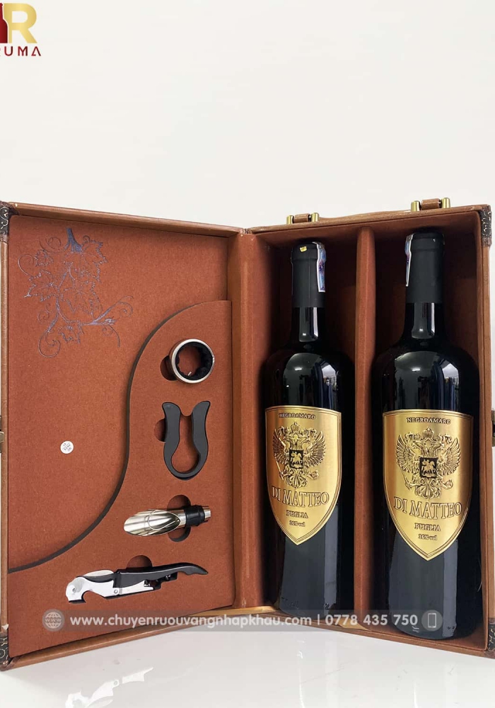 Set quà tặng hộp da 2 chai rượu vang Ý Di Matteo kèm bộ phụ kiện