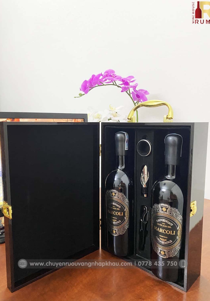 Set quà tặng tết hộp sơn mài 2 chai rượu vang Ý Marcoli 17