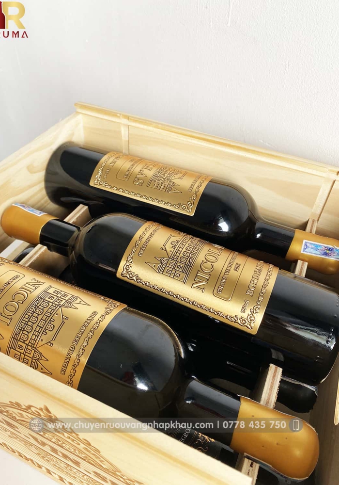 Quà tặng cao cấp hộp gỗ 6 chai rượu vang Pháp Nicolas