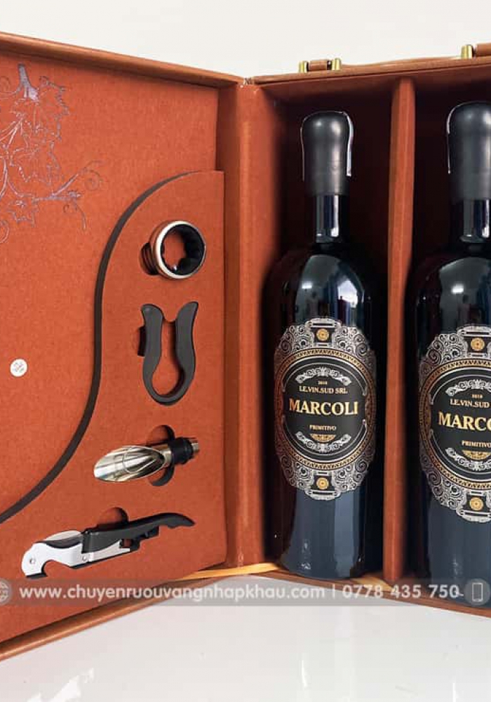 Set quà tặng hộp da 2 chai rượu vang Ý Marcoli 17 kèm bộ phụ kiện