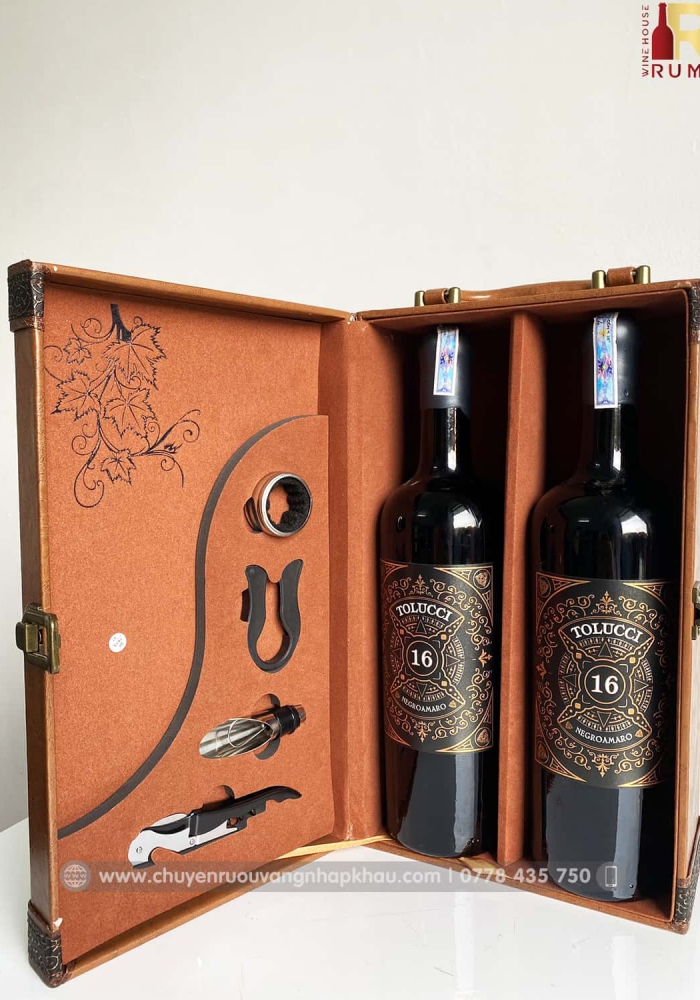 Set quà tặng hộp da 2 chai rượu vang Ý Tolucci 16 kèm bộ phụ kiện
