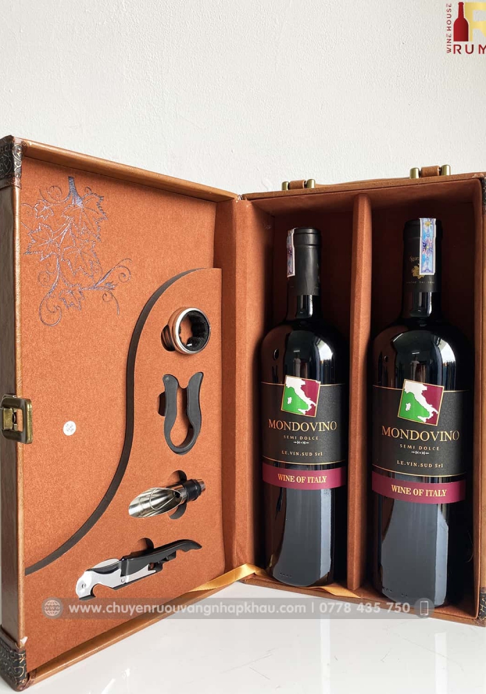 Set quà tặng hộp da 2 chai rượu vang Ý Mondovino Semi kèm bộ phụ kiện