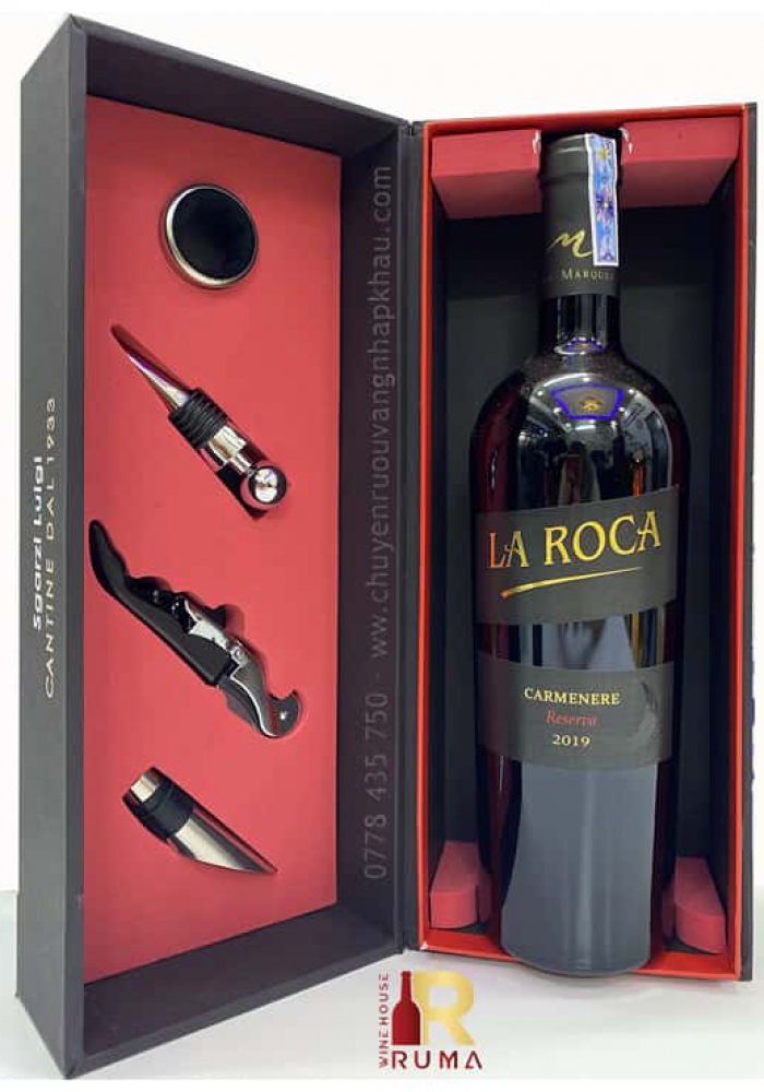 Quà tặng hộp 1 chai rượu vang Chile La Roca Reserva kèm phụ kiện 