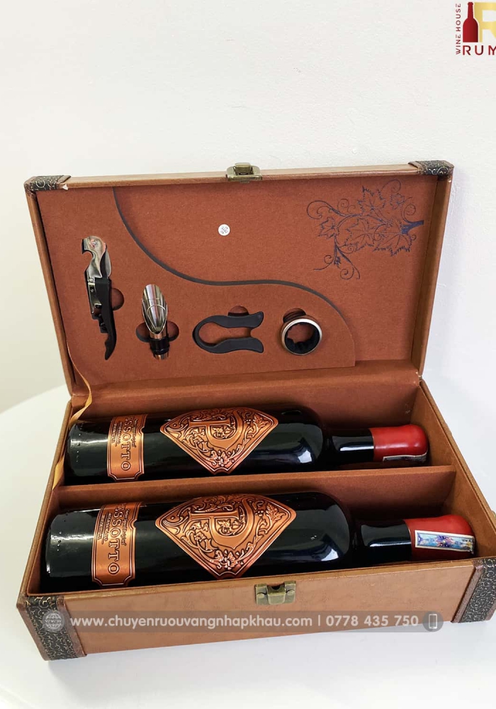 Set quà tặng hộp da 2 chai rượu vang Ý Pessotto kèm bộ phụ kiện