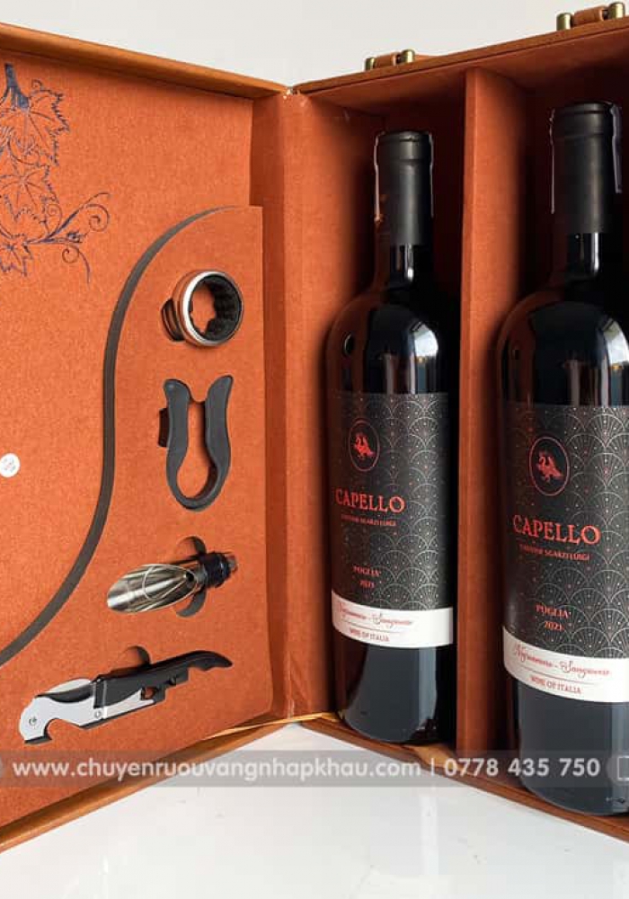Set quà tặng hộp da 2 chai rượu vang Ý Capello kèm bộ phụ kiện