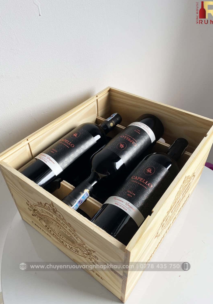Quà tặng cao cấp hộp gỗ 6 chai rượu vang Ý Capello