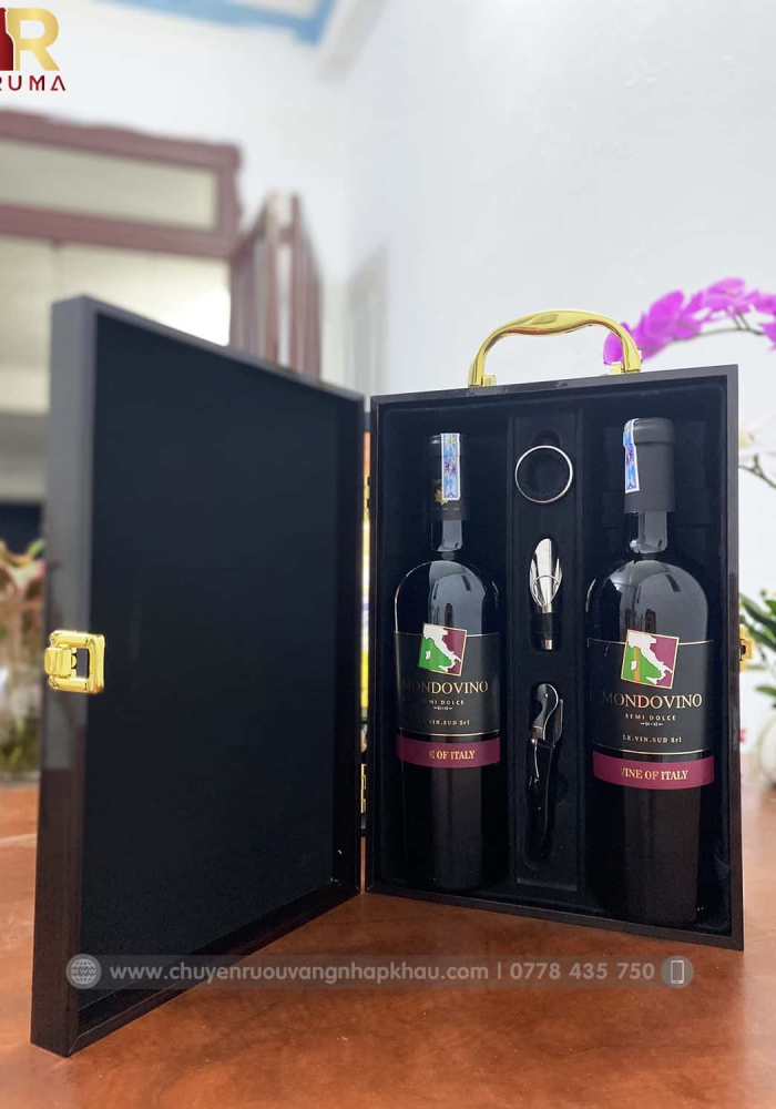 Set quà tặng tết hộp sơn mài 2 chai rượu vang Ý Mondovino Semi