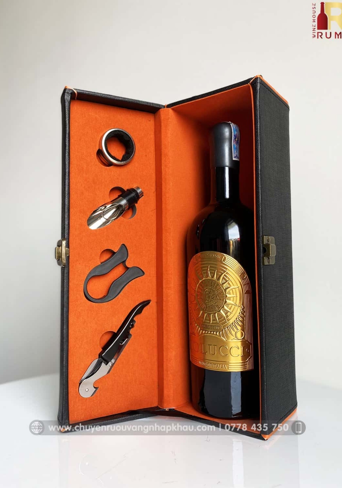 Set quà tặng tết hộp da 1 chai rượu vang Ý Tolucci 17