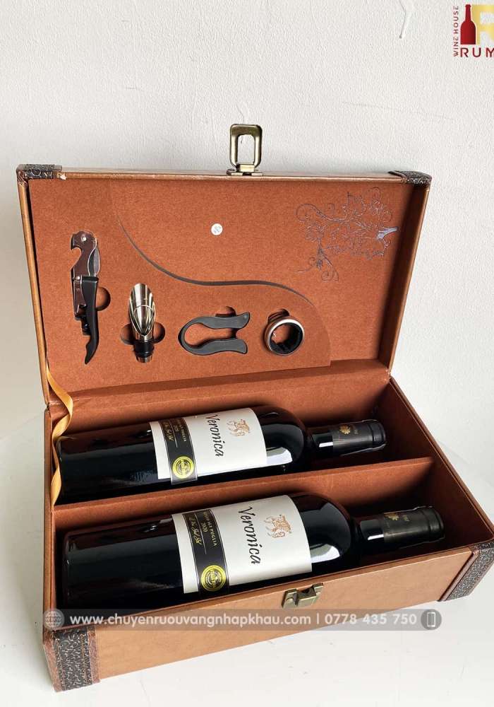Set quà tặng hộp da 2 chai rượu vang Ý Veronica Rosso kèm bộ phụ kiện