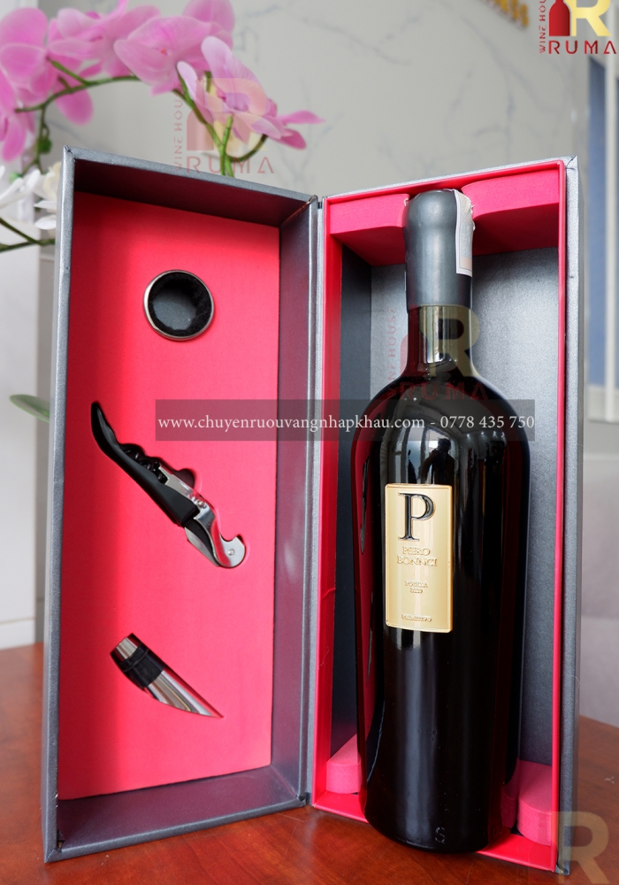 Quà tặng hộp 1 chai rượu vang Ý Piero Bonnci kèm phụ kiện
