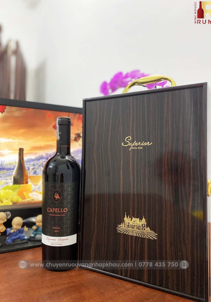 Set quà tặng tết hộp sơn mài 2 chai rượu vang Ý Capello