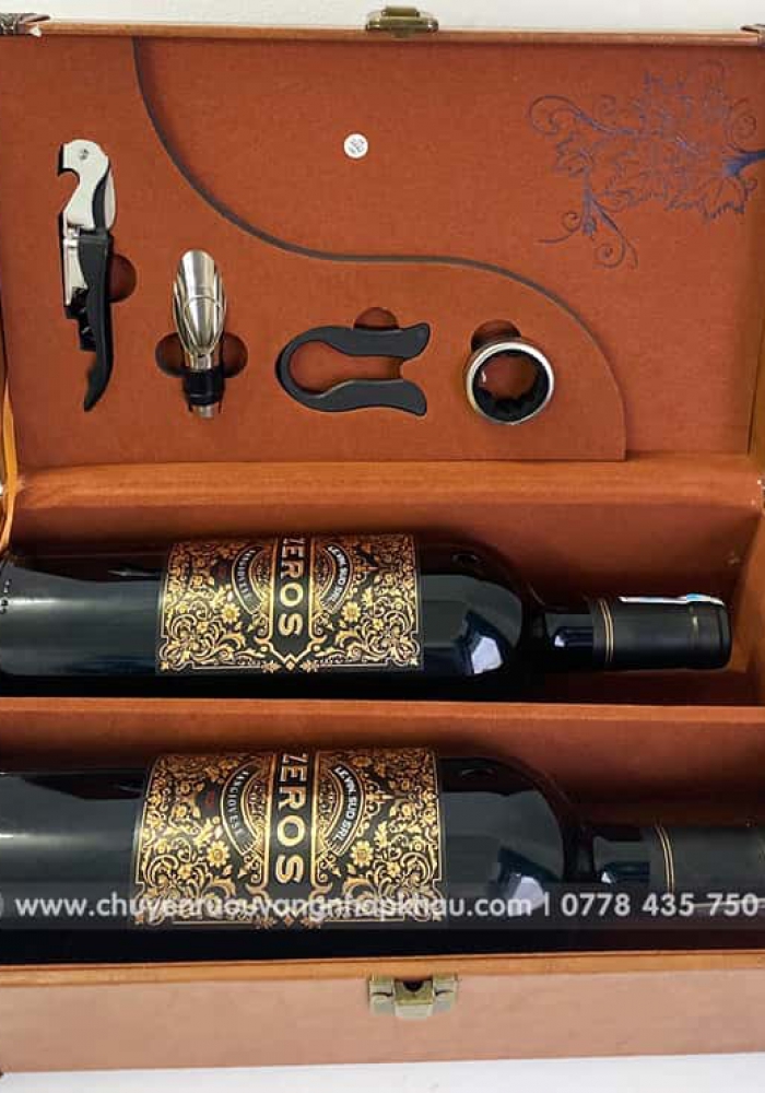 Set quà tặng hộp da 2 chai rượu vang Ý Zeros kèm bộ phụ kiện