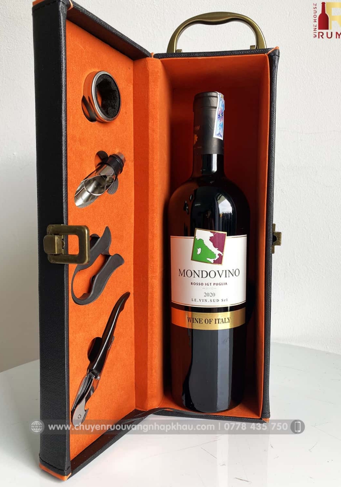 Quà tặng tết hộp da 1 chai rượu vang Ý Mondovino Rosso