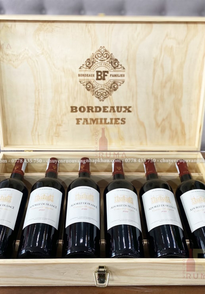 Quà tặng hộp gỗ 6 chai rượu vang Pháp Adorez De France