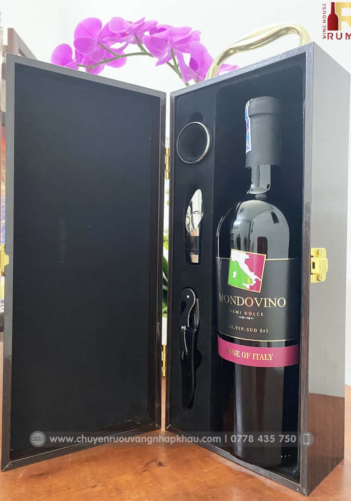 Set quà tặng tết hộp sơn mài 1 chai rượu vang Ý Mondovino Semi