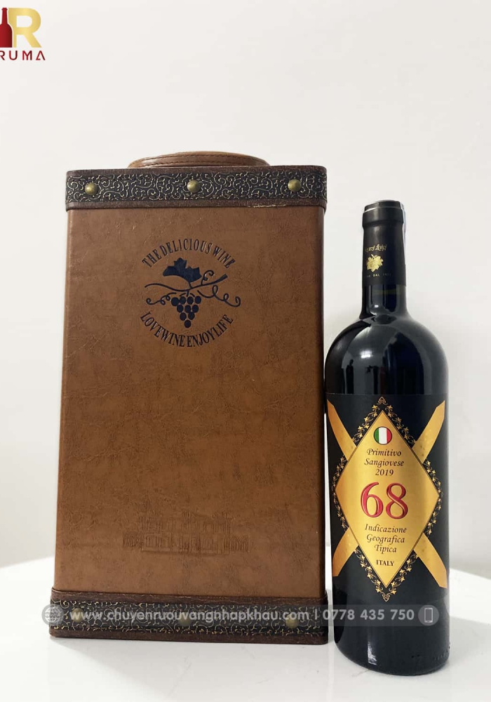 Set quà tặng hộp da 2 chai rượu vang Ý 68 kèm bộ phụ kiện