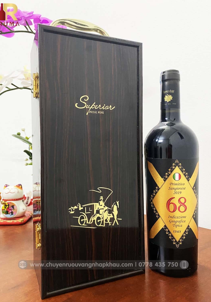 Set quà tặng tết hộp sơn mài 1 chai rượu vang Ý 68