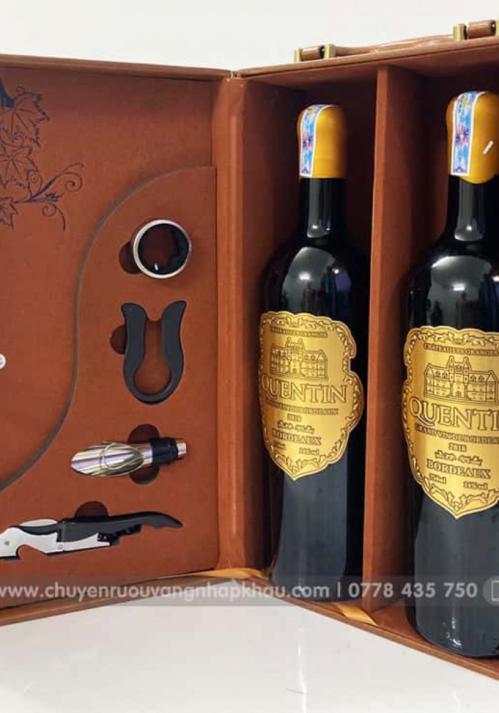 Set quà tặng hộp da 2 chai rượu vang Pháp Quentin kèm bộ phụ kiện