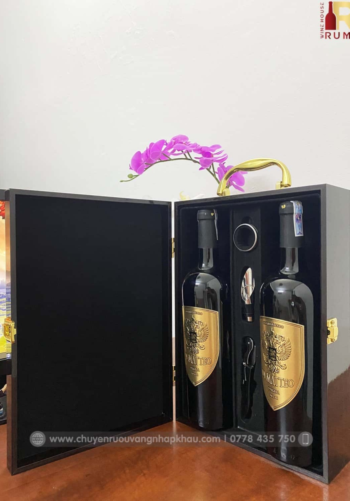 Set quà tặng tết hộp sơn mài 2 chai rượu vang Ý Di Matteo