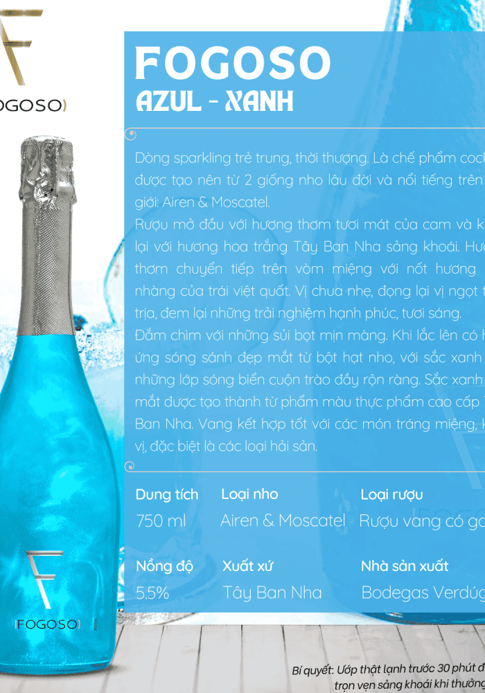 Rượu vang nổ Sparkling Fogoso Azul xanh blue 750ml