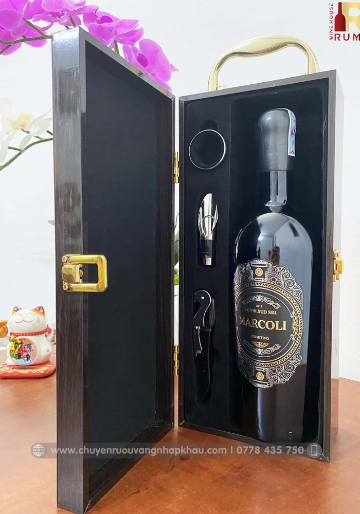 Set quà tặng tết hộp sơn mài 1 chai rượu vang Ý Marcoli 17