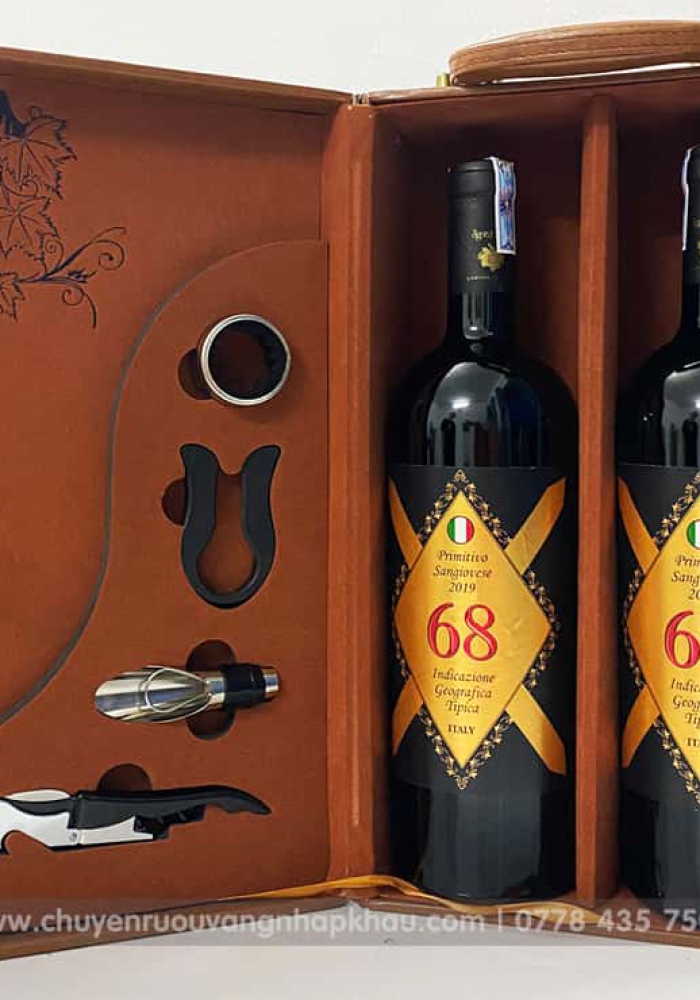 Set quà tặng hộp da 2 chai rượu vang Ý 68 kèm bộ phụ kiện