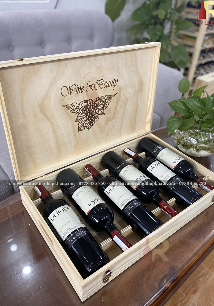 Quà tặng hộp gỗ 6 chai rượu vang Chile La Roca