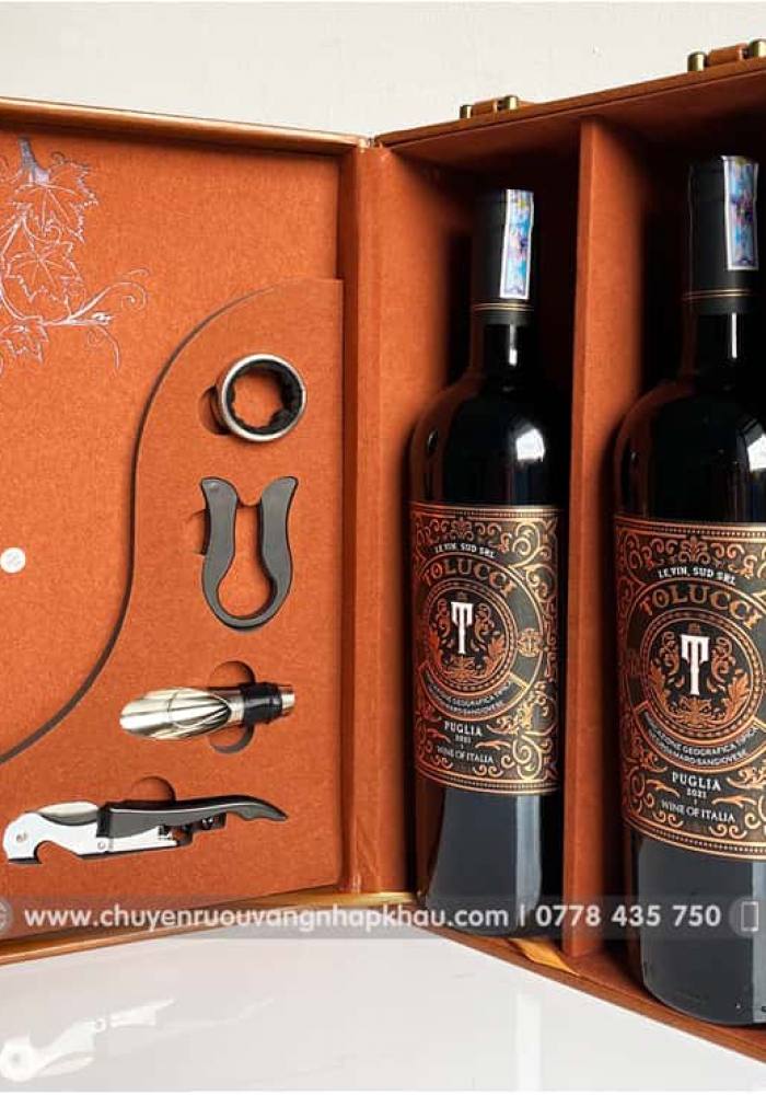 Set quà tặng hộp da 2 chai rượu vang Ý Tolucci 14 kèm bộ phụ kiện