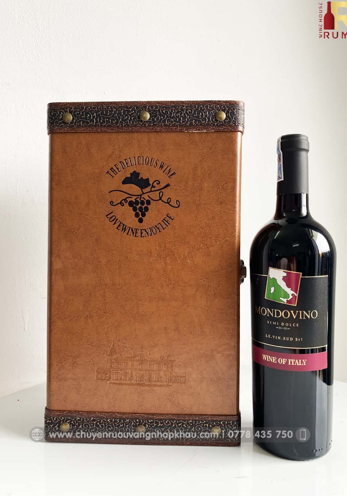 Set quà tặng hộp da 2 chai rượu vang Ý Mondovino Semi kèm bộ phụ kiện
