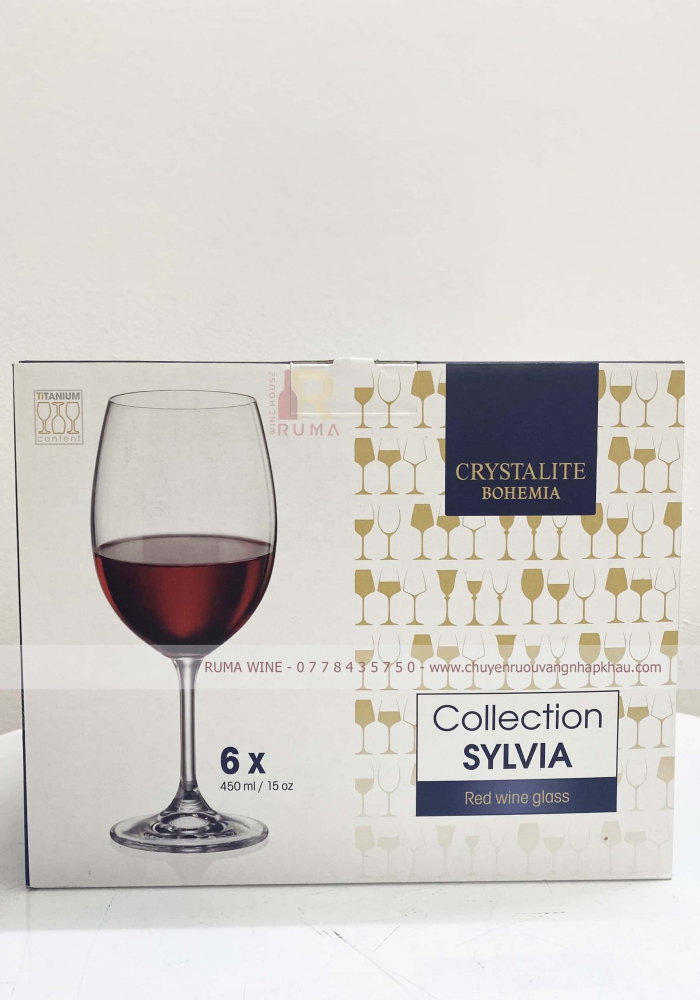 Bộ 6 ly uống rượu vang Sylvia mạ vàng 24k hoạ tiết dân tộc 450ml