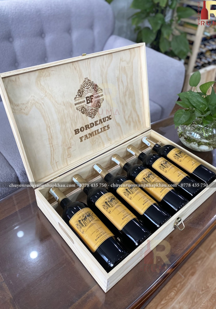 Quà tặng hộp gỗ 6 chai rượu vang Pháp Chales Gary nhãn vàng
