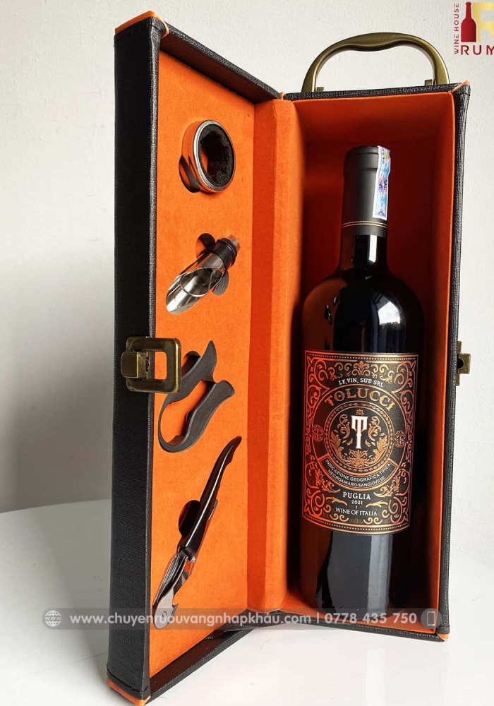 Bộ quà tặng tết hộp da 1 chai rượu vang Ý Tolucci 14