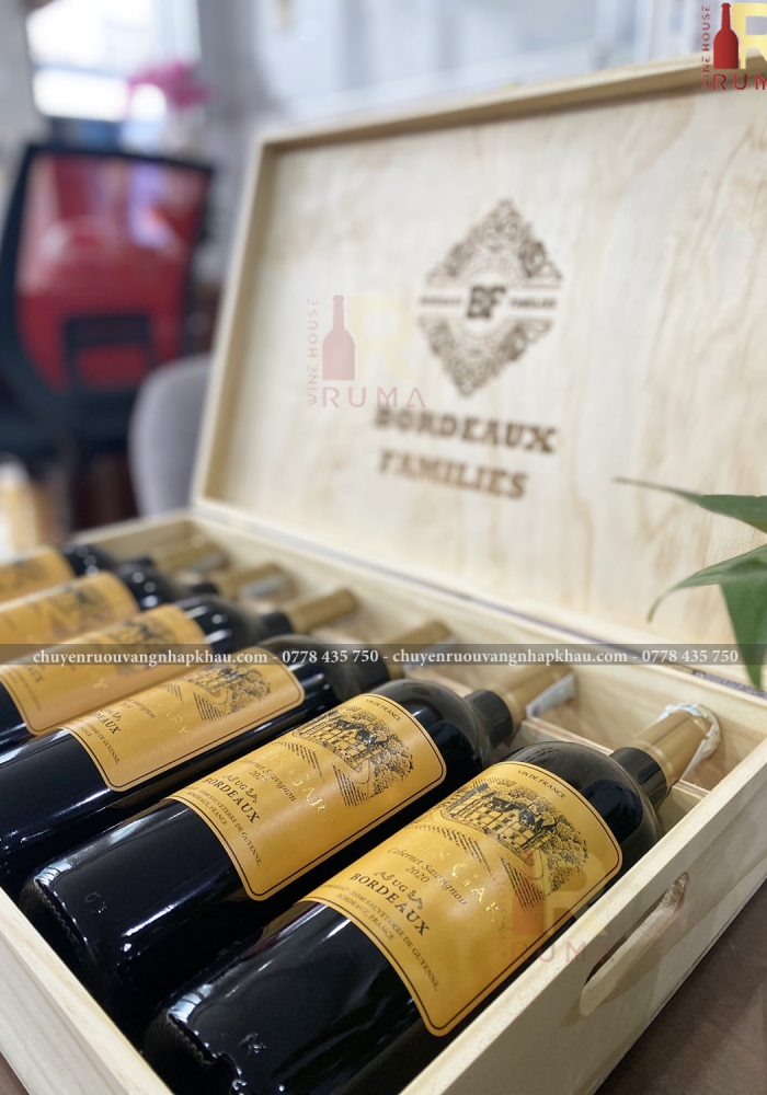Quà tặng hộp gỗ 6 chai rượu vang Pháp Chales Gary nhãn vàng