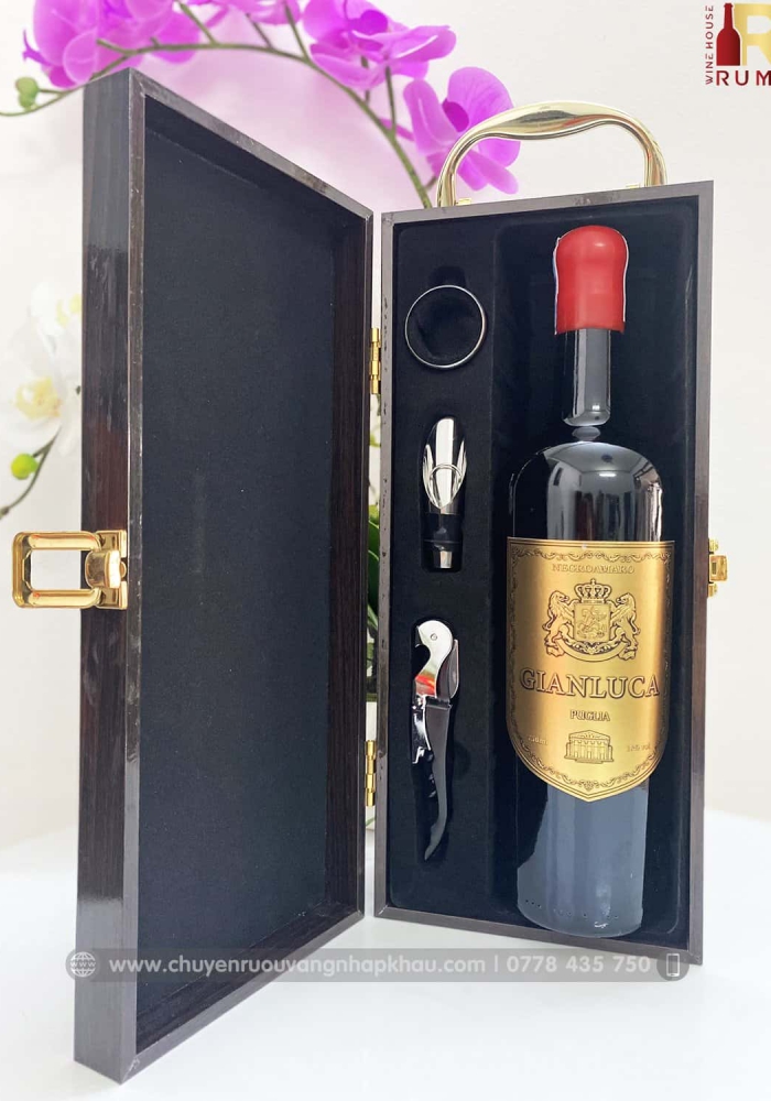 Set quà tặng tết hộp sơn mài 1 chai rượu vang Ý Gianluca