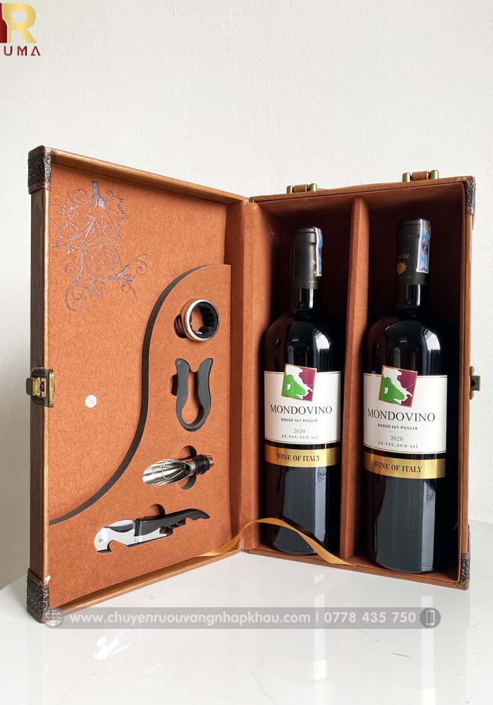 Set quà tặng hộp da 2 chai rượu vang Ý Mondovino Rosso kèm bộ phụ kiện