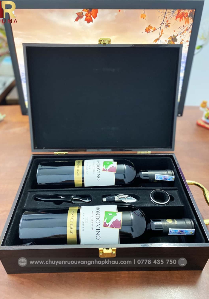 Set quà tặng tết hộp sơn mài 2 chai rượu vang Ý Mondovino Rosso