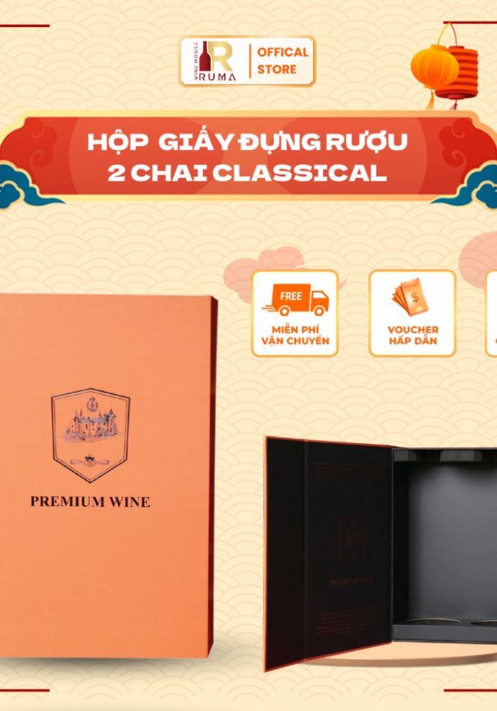 Hộp giấy đôi đựng 2 chai rượu vang màu cam Premium